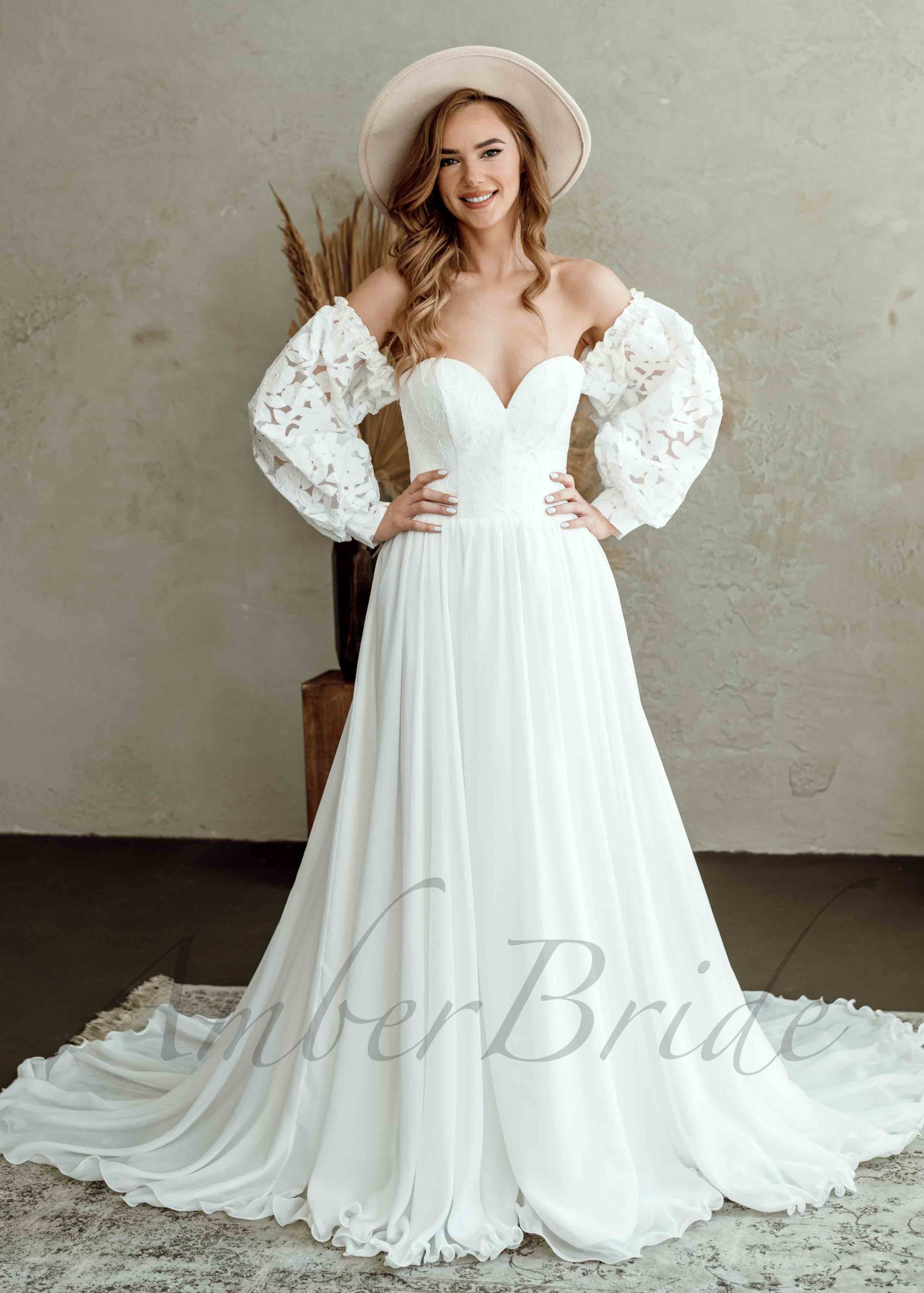 sachin and babi light blue dress Elegant Flowy Chiffon Wedding Dress with Puffy Sleeves