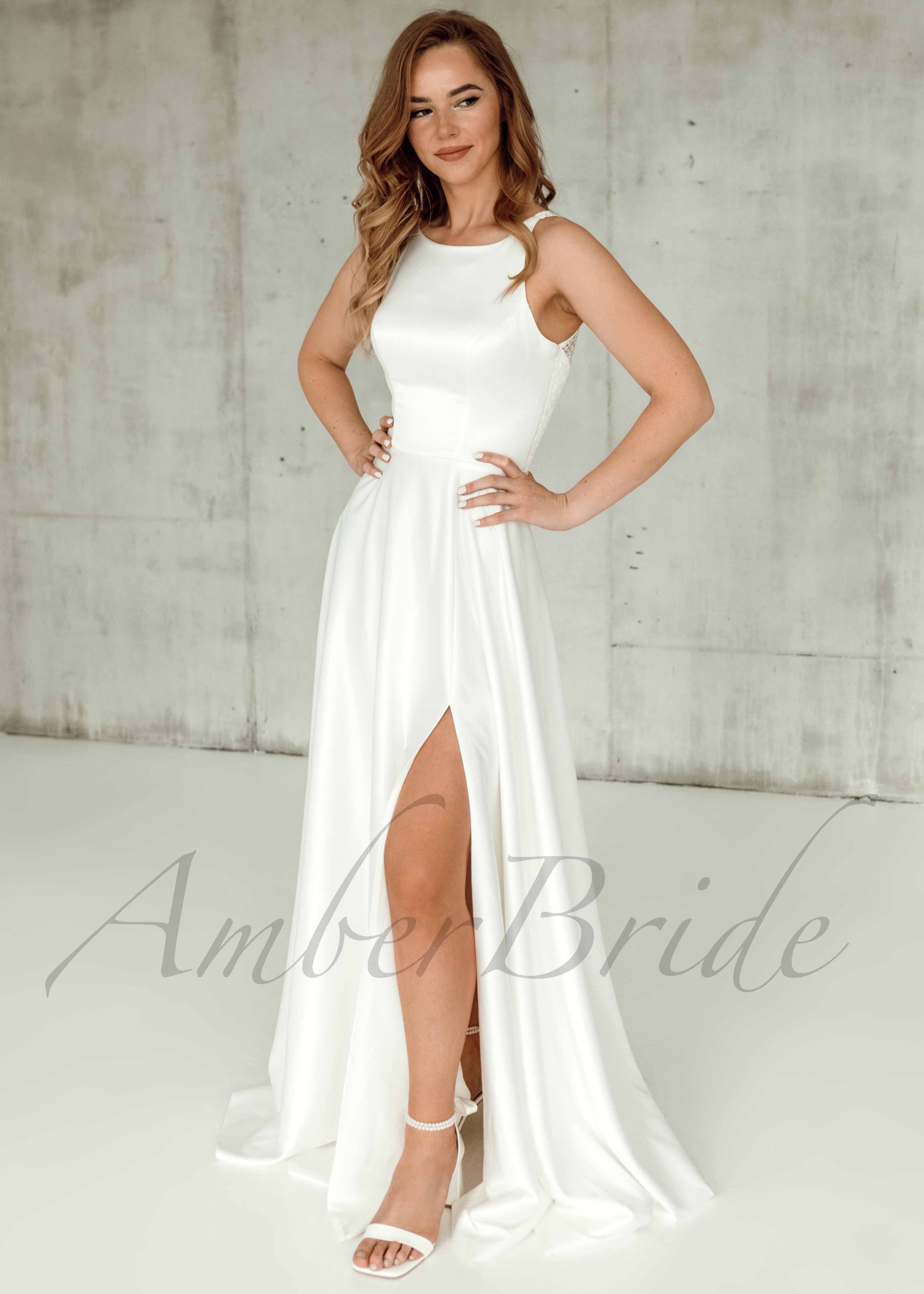Simple Beautiful A-line Long Sleeves Satin Backless Wedding Dress