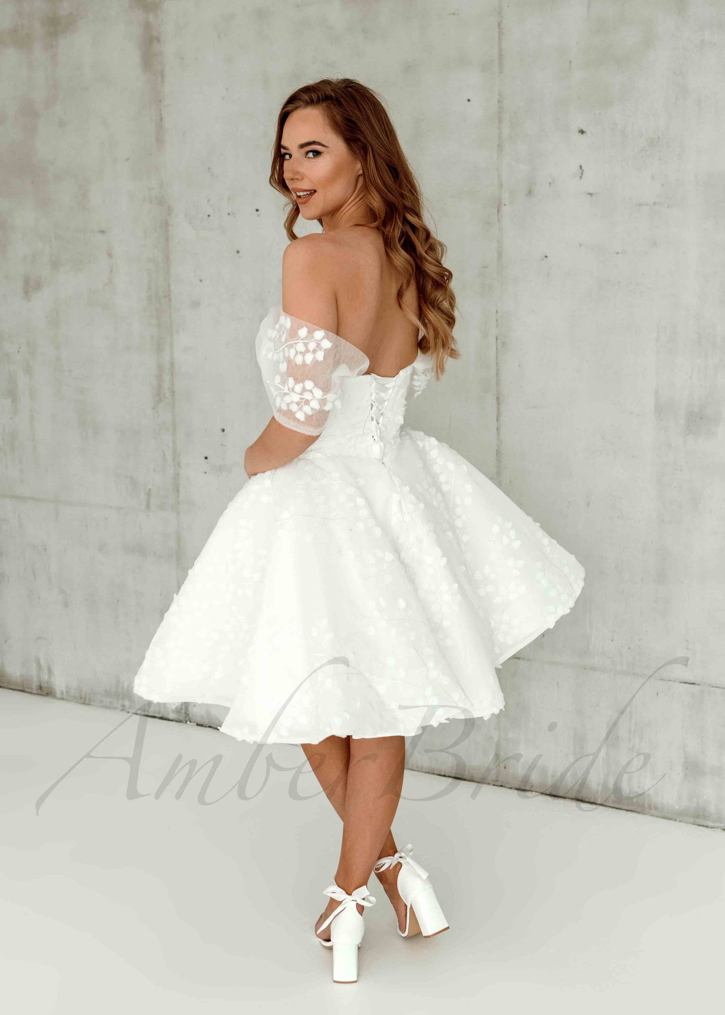Rustic Knee Length Satin Dress with Off Shoulder Floral Design