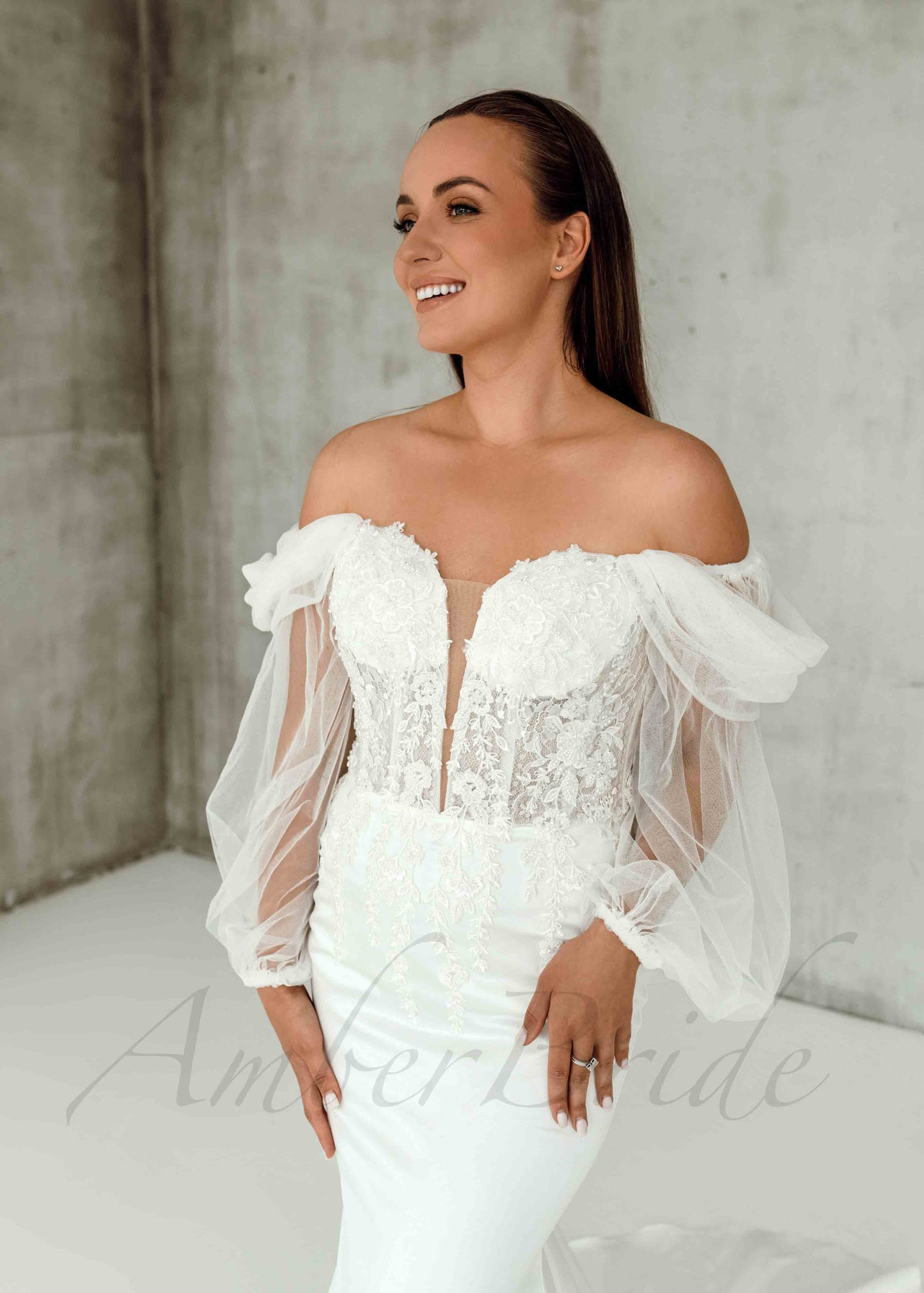 Rustic Mermaid Wedding Dress with Deep V-Neckline and Off-Shoulder Puffy Sleeves