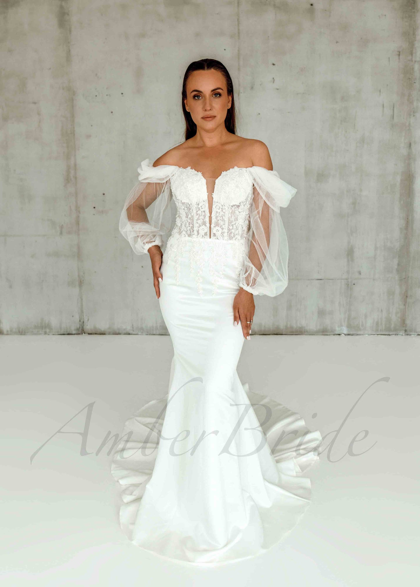 Rustic Mermaid Wedding Dress with Deep V-Neckline and Off-Shoulder Puffy Sleeves