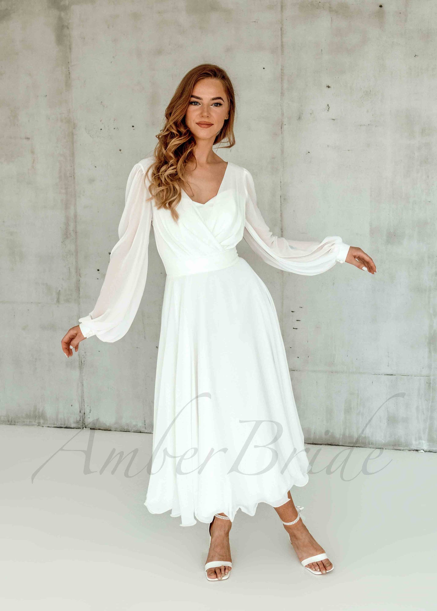 Tea-Length Chiffon Dress with Puffy Long Sleeves for Wedding Reception