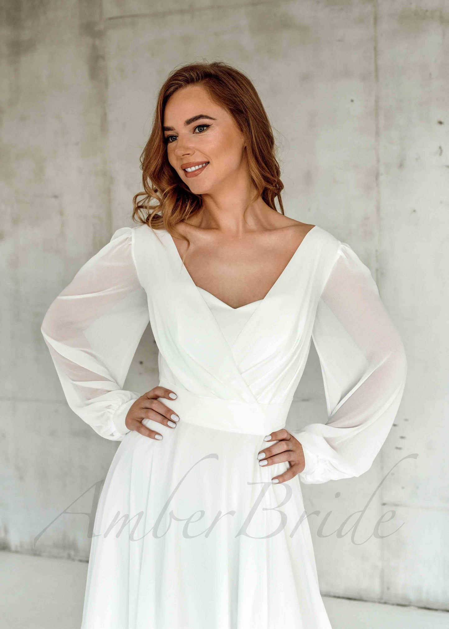 Tea-Length Chiffon Dress with Puffy Long Sleeves for Wedding Reception