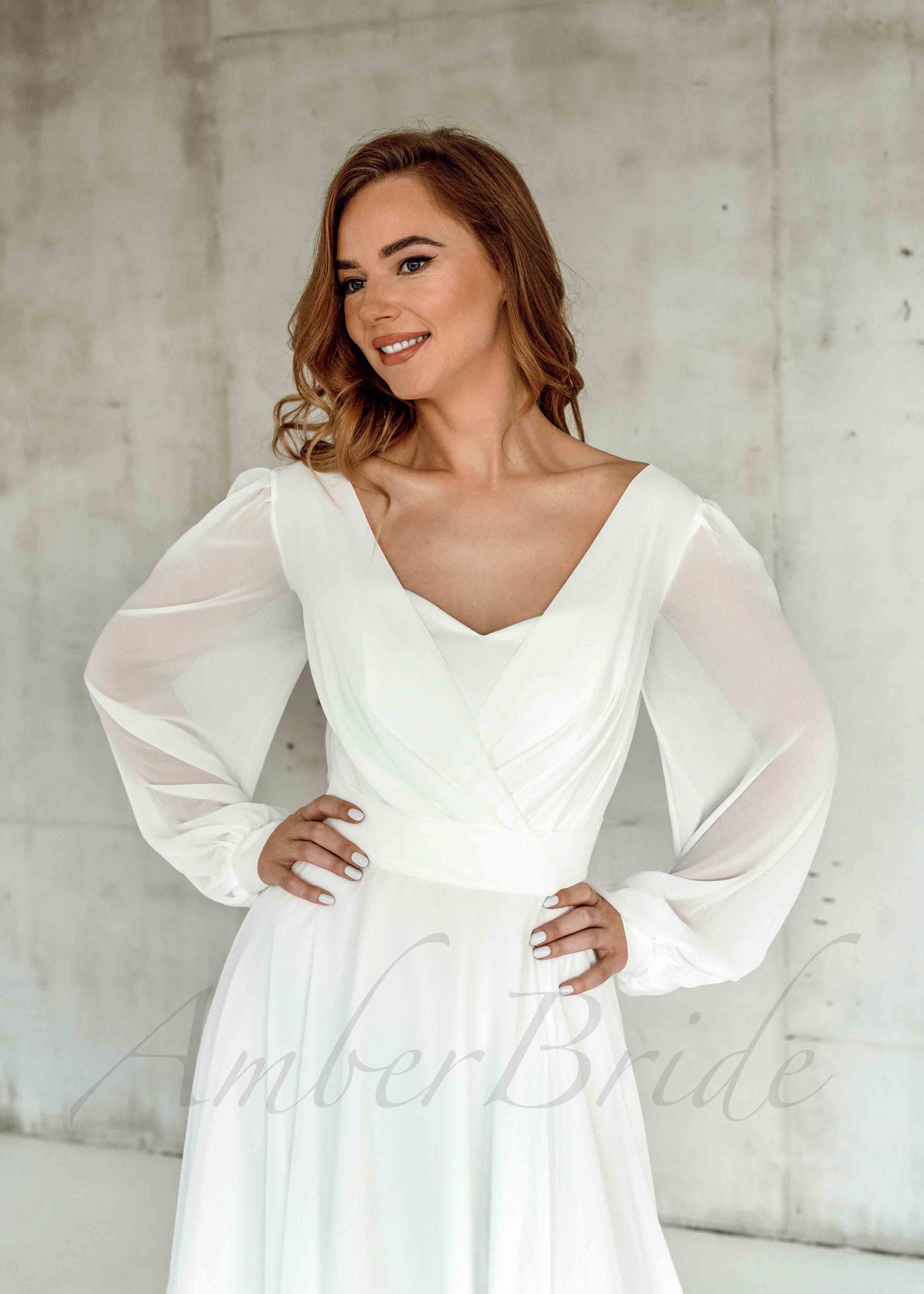 Tea-Length Chiffon Dress with Puffy Long Sleeves for Wedding Reception