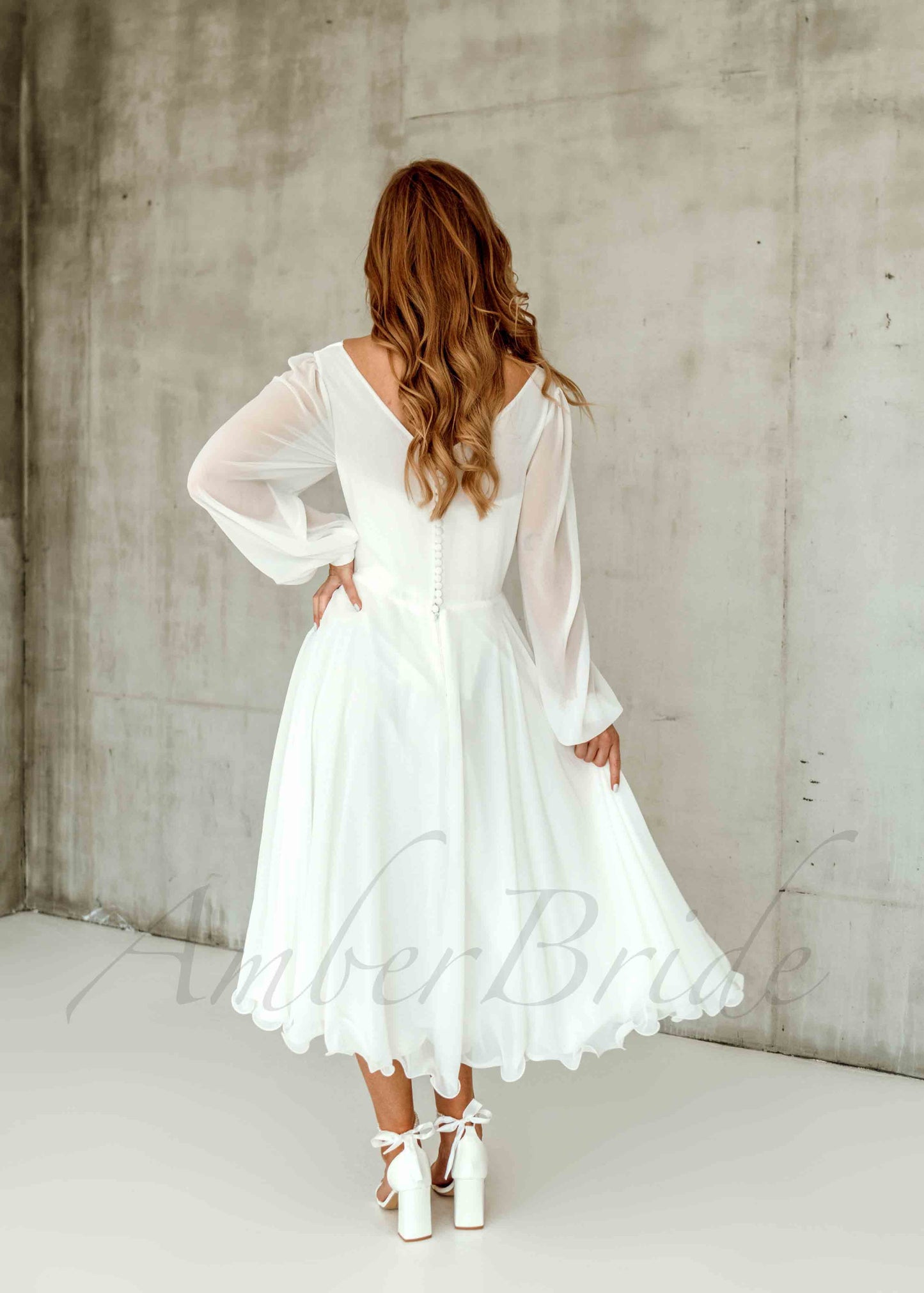 Tea-Length Chiffon Dress with Puffy Long Sleeves for Wedding Reception