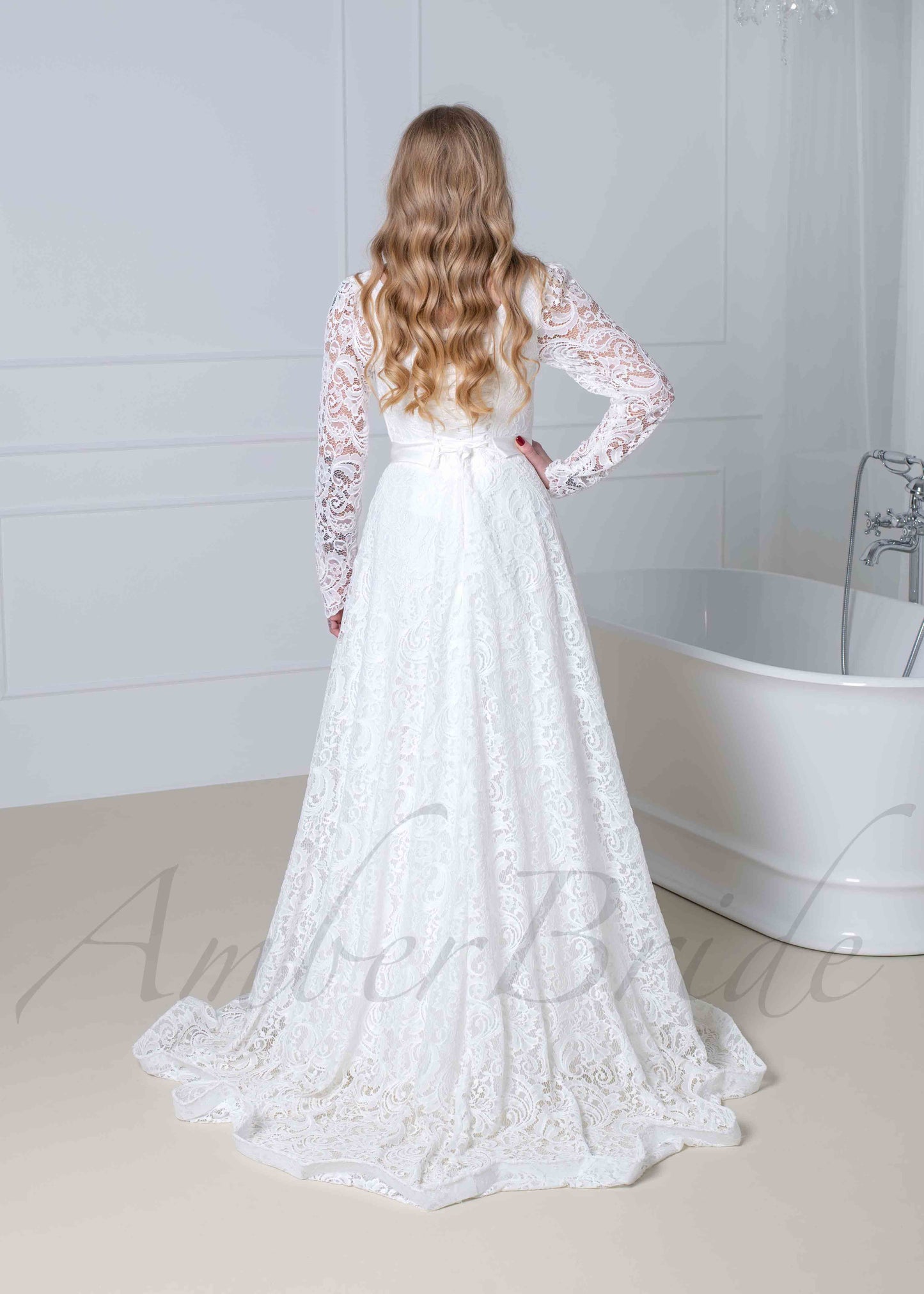 Boho A Line All Lace Wedding Dress with Long Sleeve and Square Neck