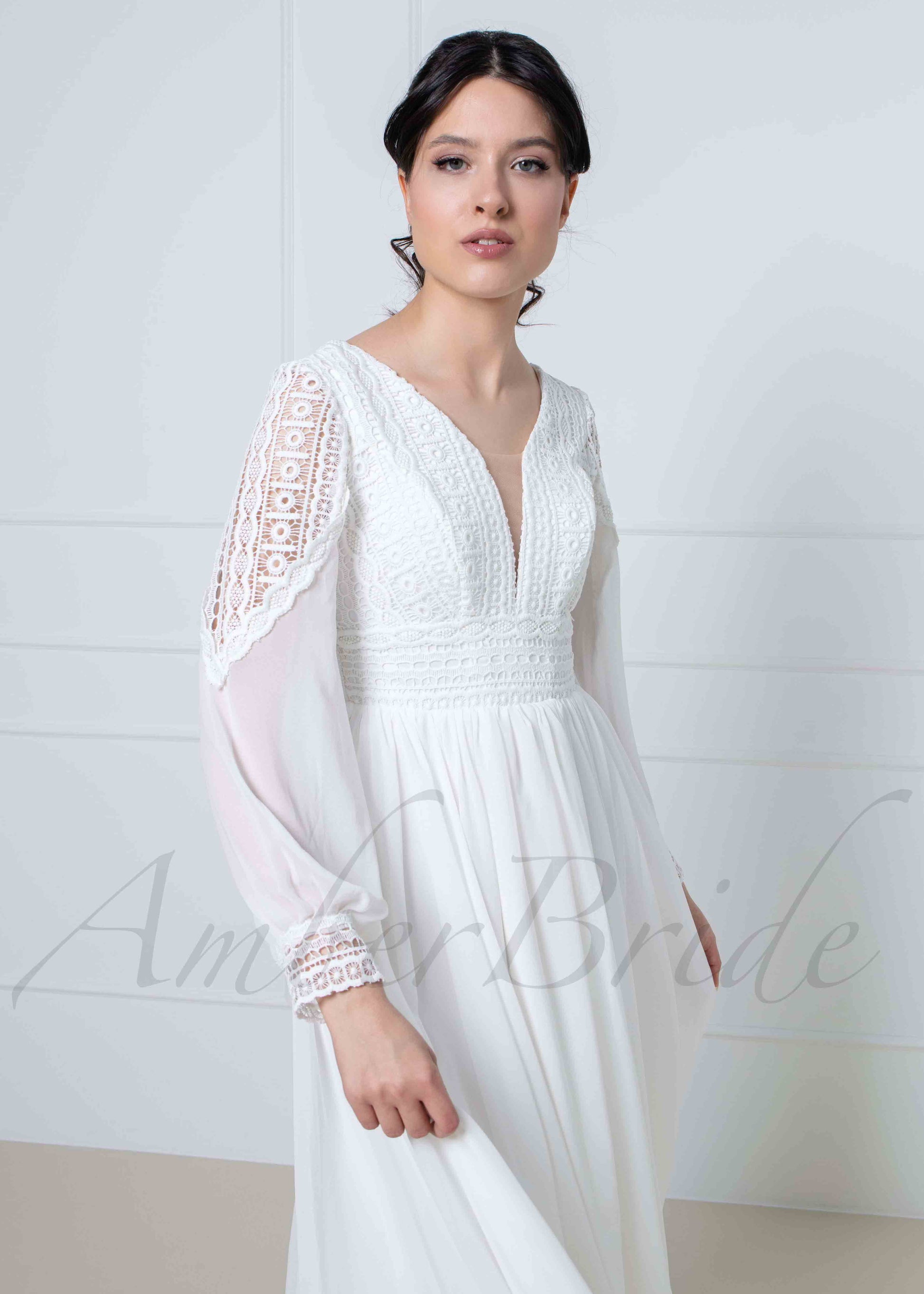 Boho A Line Chiffon Wedding Dress with V Neck and Puffy Sleeve