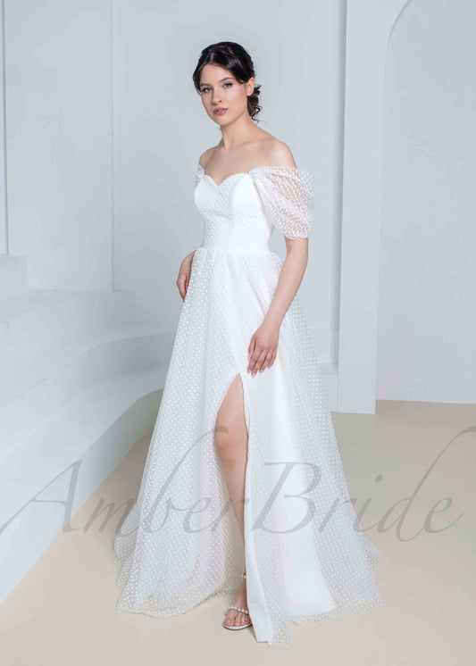 STOCK SELL-OUT: Elegant A Line Tulle Wedding Dress with Polka Dot and Off Shoulder Design