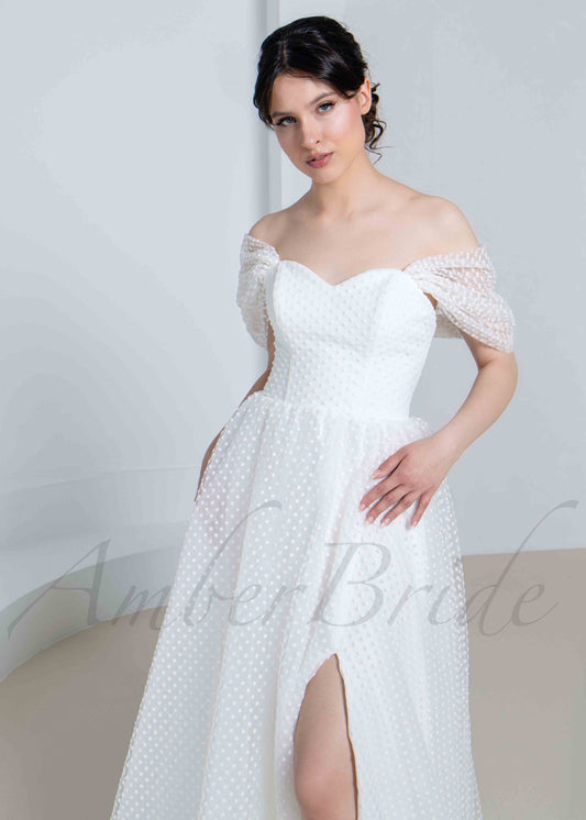 STOCK SELL-OUT: Elegant A Line Tulle Wedding Dress with Polka Dot and Off Shoulder Design