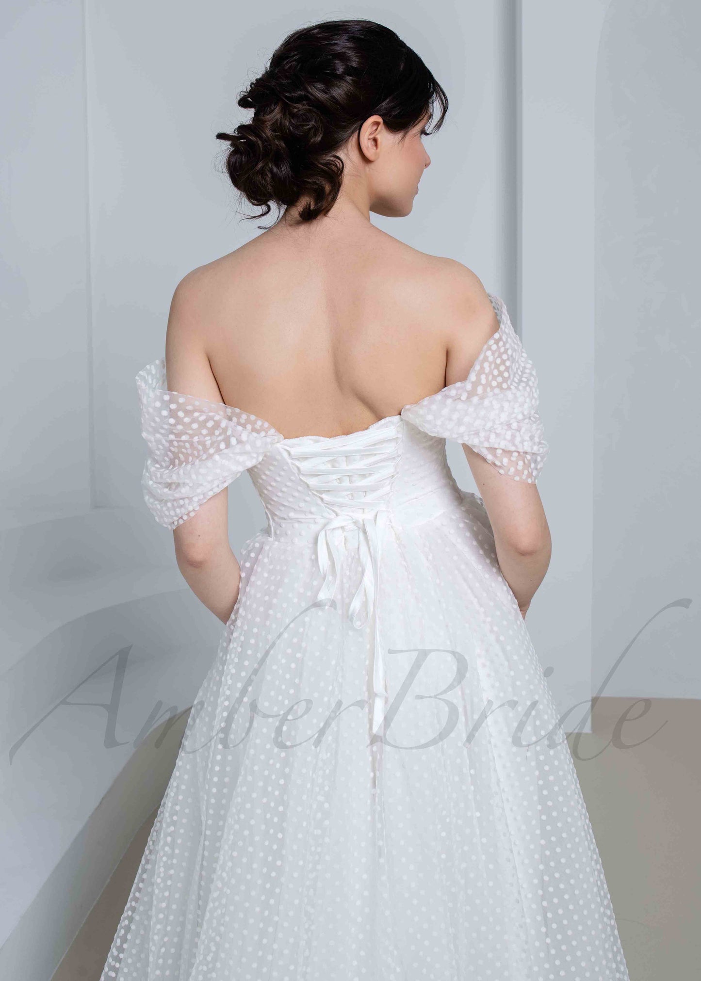 STOCK SELL-OUT: Elegant A Line Tulle Wedding Dress with Polka Dot and Off Shoulder Design