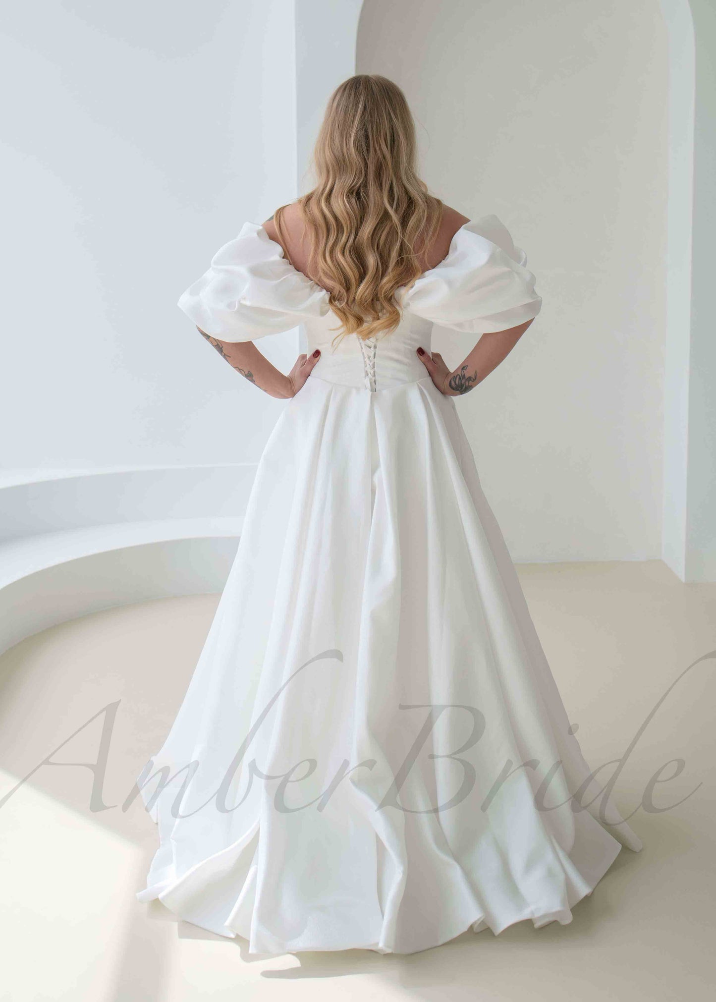 Exquisite A Line Satin Wedding Dress with Off Shoulder Deep V Design