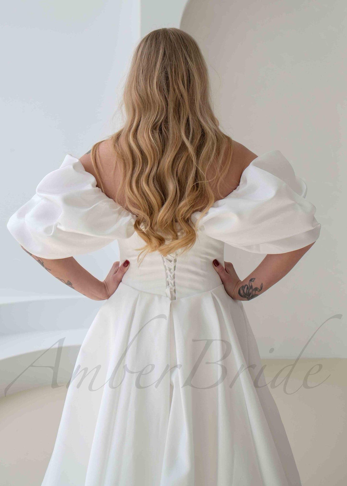 Exquisite A Line Satin Wedding Dress with Off Shoulder Deep V Design