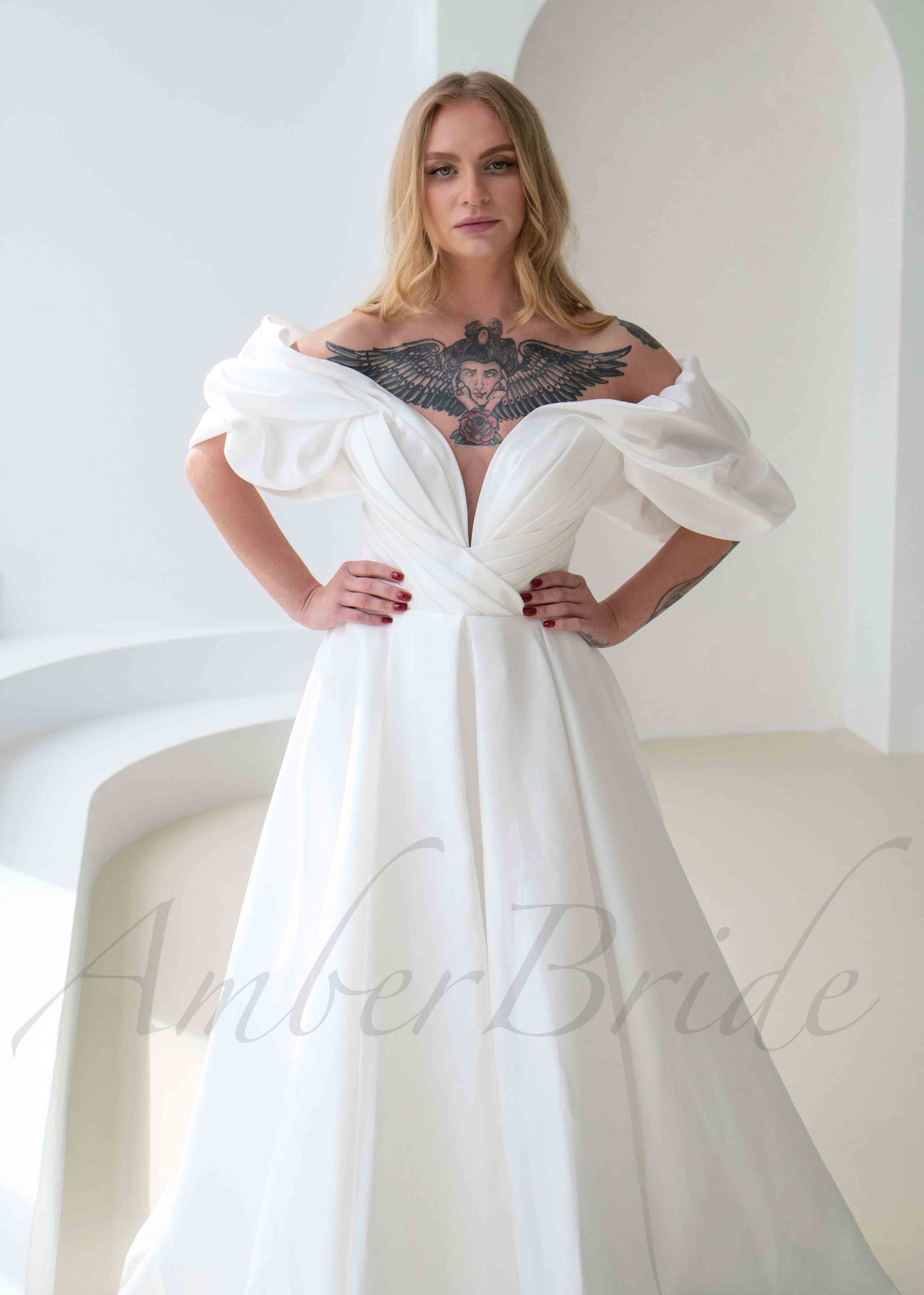 Exquisite A Line Satin Wedding Dress with Off Shoulder Deep V Design
