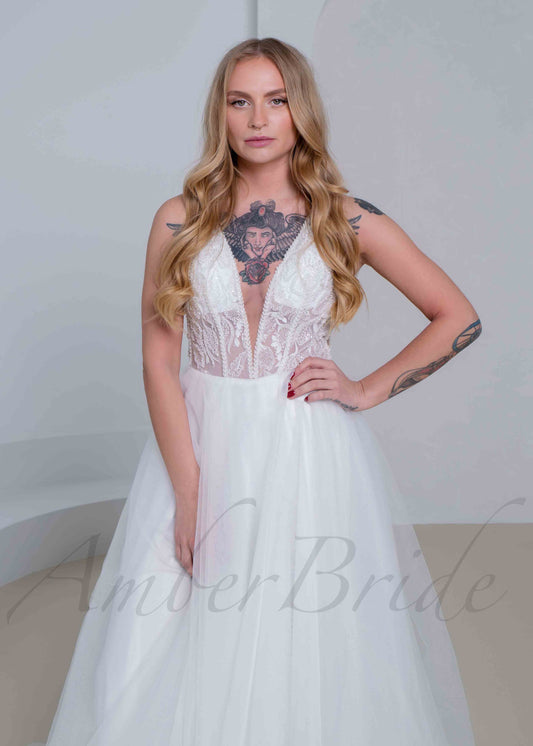 STOCK SELL-OUT: Rustic A Line Wedding Dress with Flower Appliques and Deep V Neck