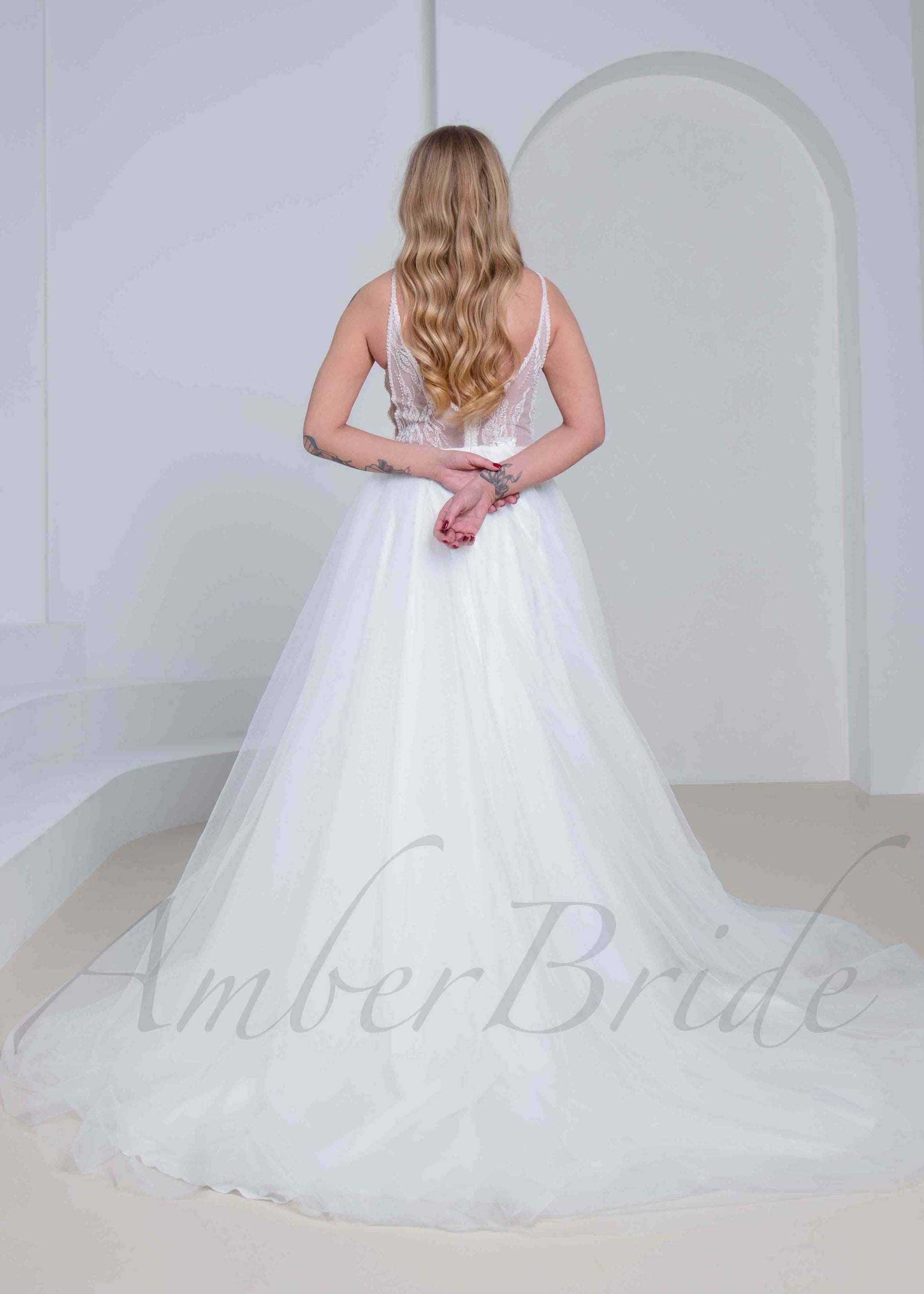 STOCK SELL-OUT: Rustic A Line Wedding Dress with Flower Appliques and Deep V Neck