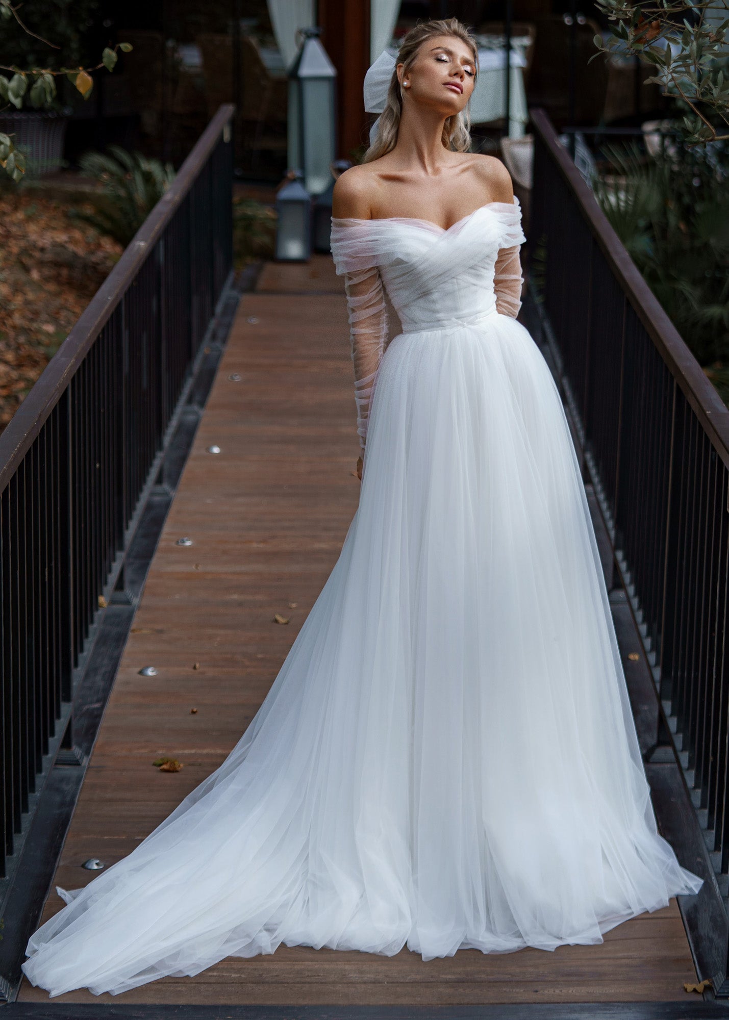 Elegant Two-Piece A-Line Tulle Wedding Dress with Off-Shoulder Long