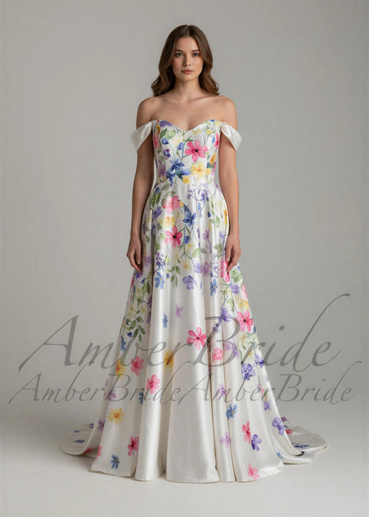 Colorful Floral Satin Wedding Dress with Detachable Off Shoulder Sleeve