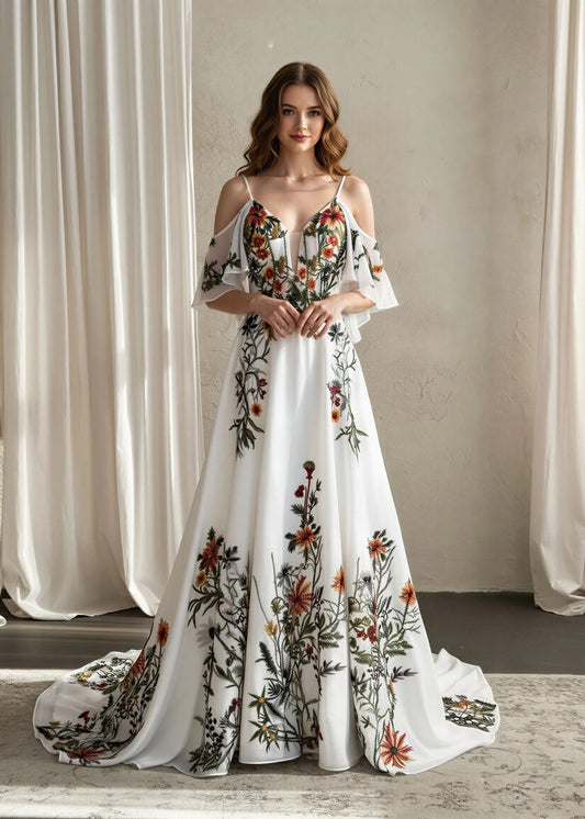 Colorful Floral A-Line Wedding Dress with Detachable Off-Shoulder Sleeves