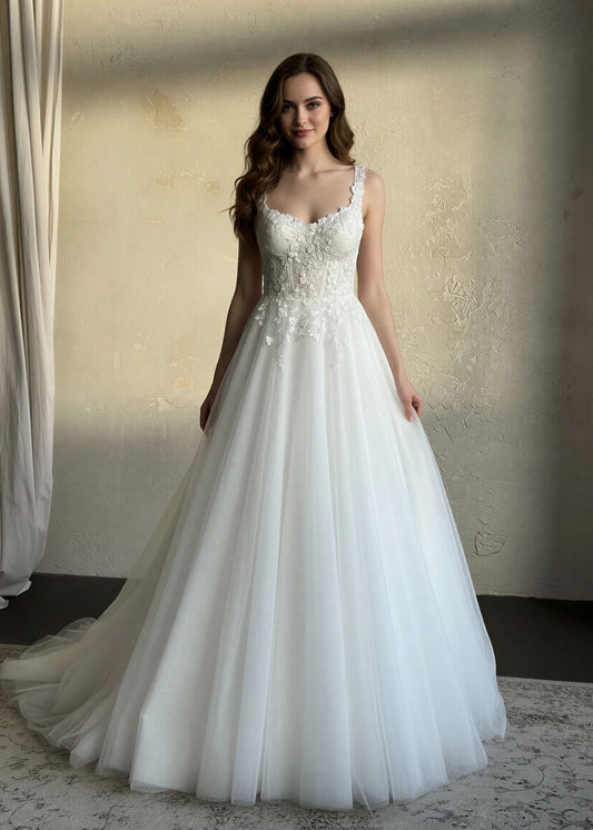 Rustic Wedding Dress with Floral Appliques with Glittering Tulle Skirt