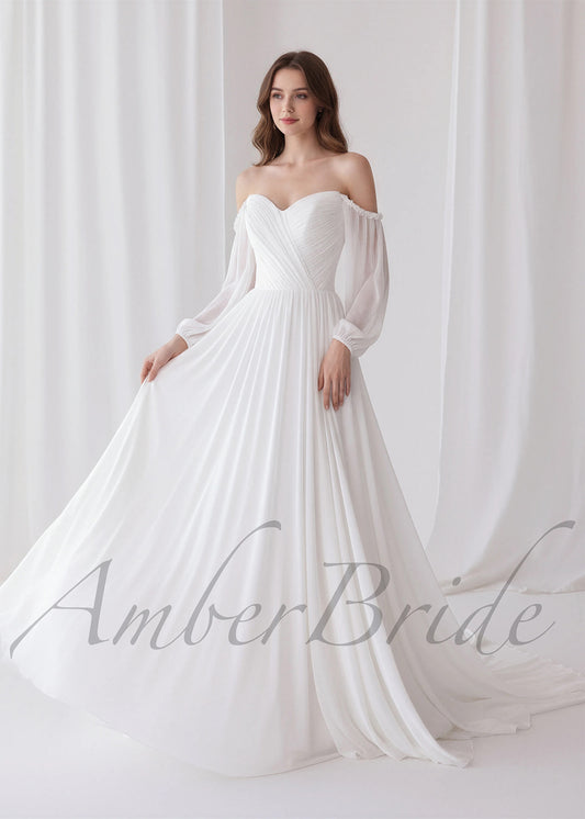 Elegant A Line Wedding Dress with Folder Chiffon Bodice and Flowy Long Train