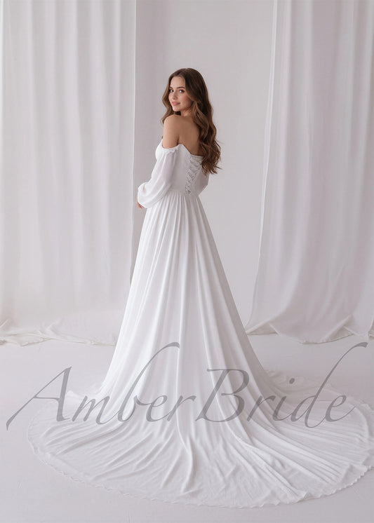 Elegant A Line Wedding Dress with Folder Chiffon Bodice and Flowy Long Train