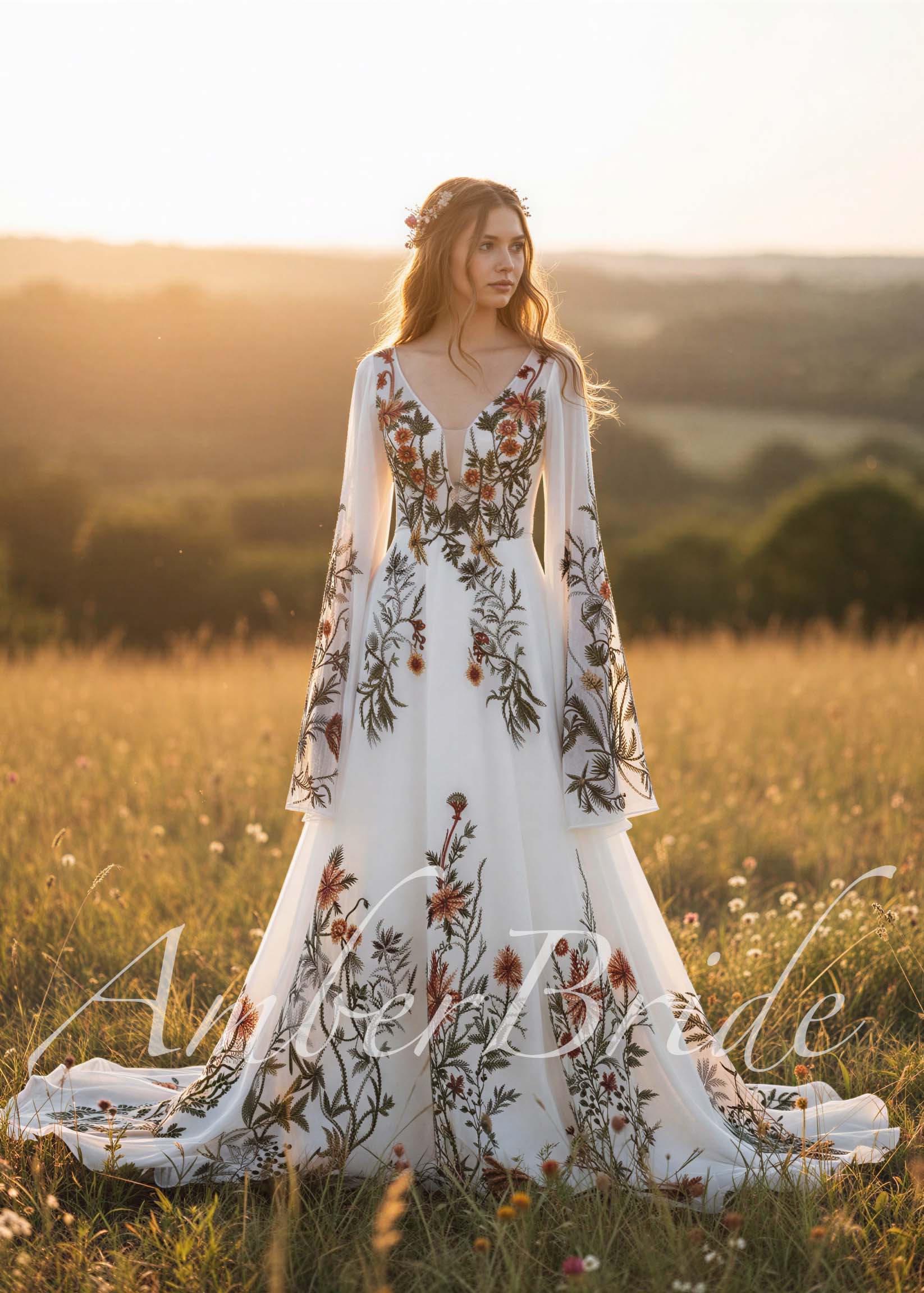 Rustic Wedding Dress with Floral Embroidery & Cape Sleeves