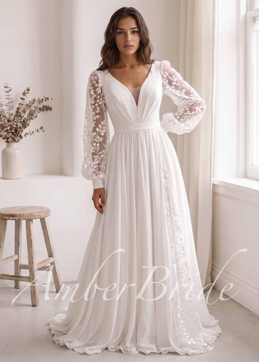 Minimalist Chiffon A-Line Wedding Dress with Lace Slit and Bishop Sleeves