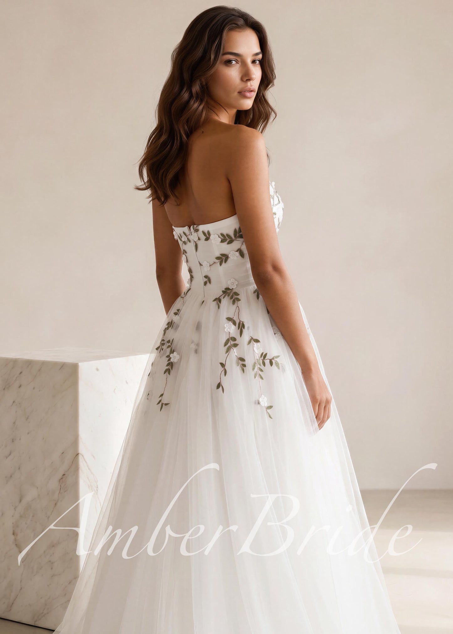 Strapless Floral Tulle Wedding Dress with Sweetheart Neckline