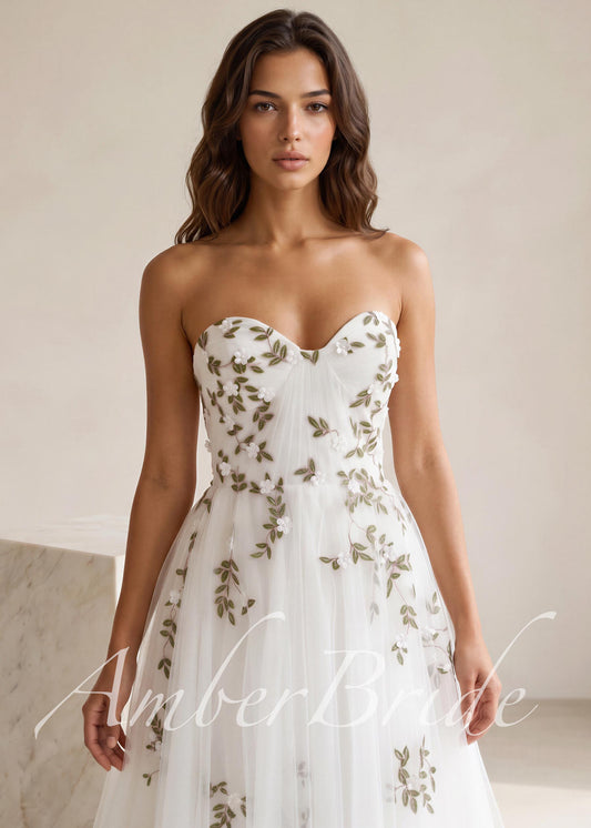 Strapless Floral Tulle Wedding Dress with Sweetheart Neckline