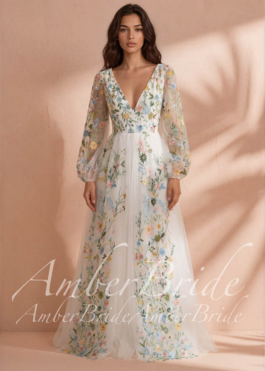 Fairy Tulle A-Line Wedding Dress with Pastel Wildflower Embroidery and Long Bishop Sleeves