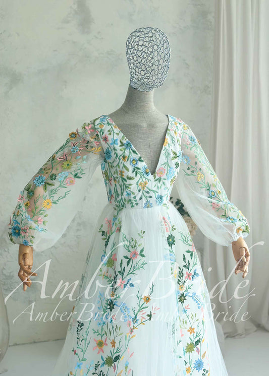 Fairy Tulle A-Line Wedding Dress with Pastel Wildflower Embroidery and Long Bishop Sleeves
