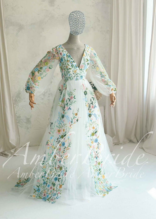Fairy Tulle A-Line Wedding Dress with Pastel Wildflower Embroidery and Long Bishop Sleeves