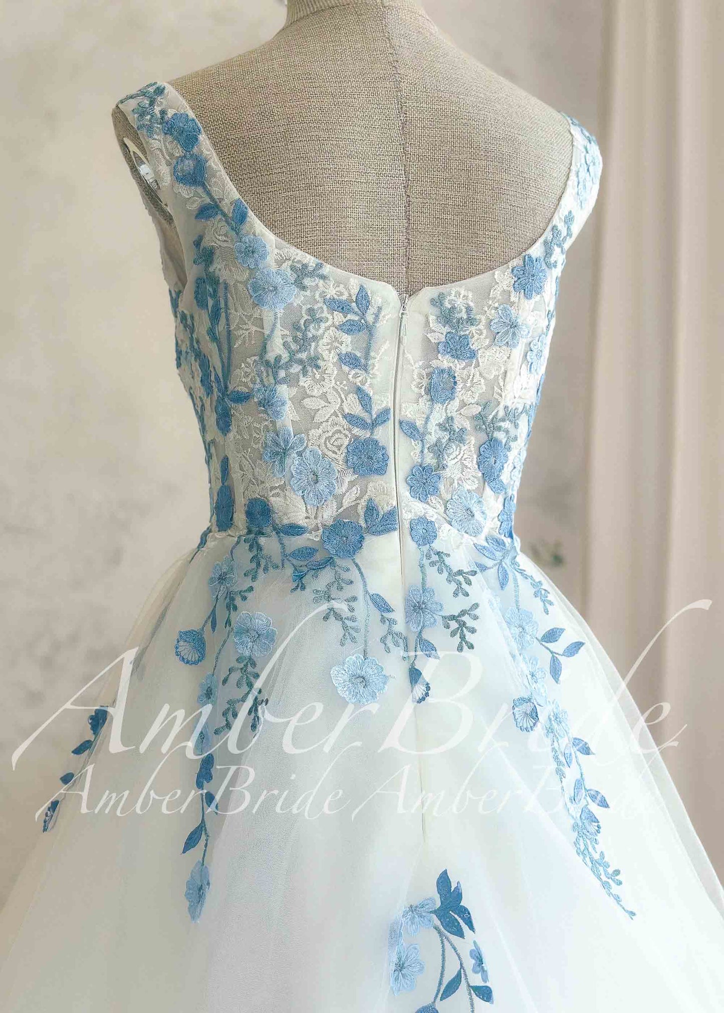 Off-White Tulle A-Line Wedding Dress with Blue Floral Embroidery and Sweetheart Neckline