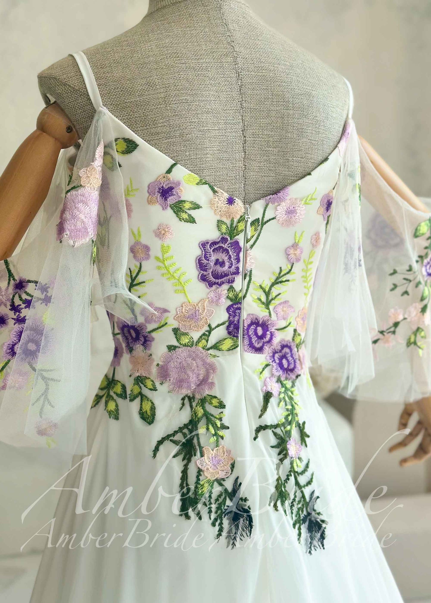 Fairy Off-White Chiffon A-Line Wedding Dress with Colorful Floral Embroidery and Off-Shoulder Straps
