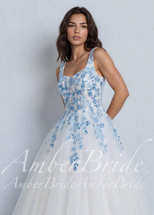 Off-White Tulle A-Line Wedding Dress with Blue Floral Embroidery and Sweetheart Neckline