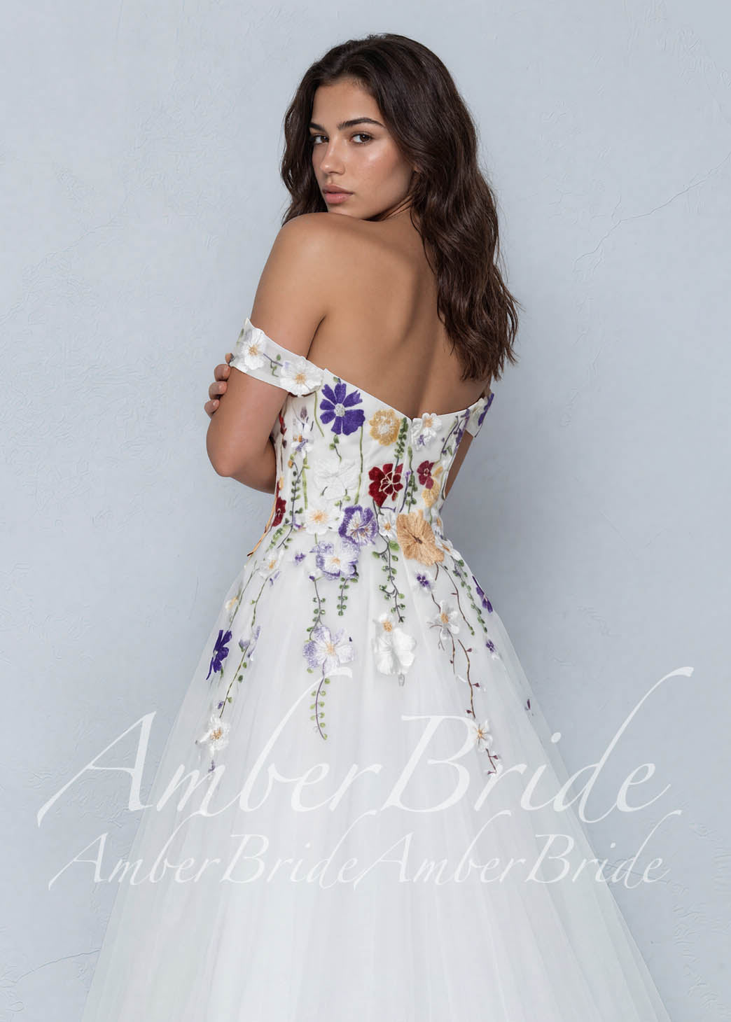 Off-Shoulder Colorful Floral A-Line Wedding Dress with 3D Wildflower Embroidery