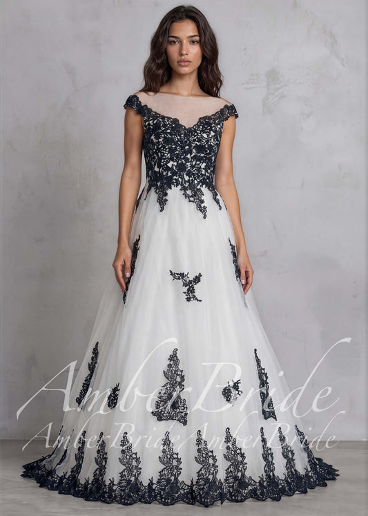 Black Lace Wedding Dress, A-Line Tulle Gothic Bridal Gown with Cap Sleeves and Long Train