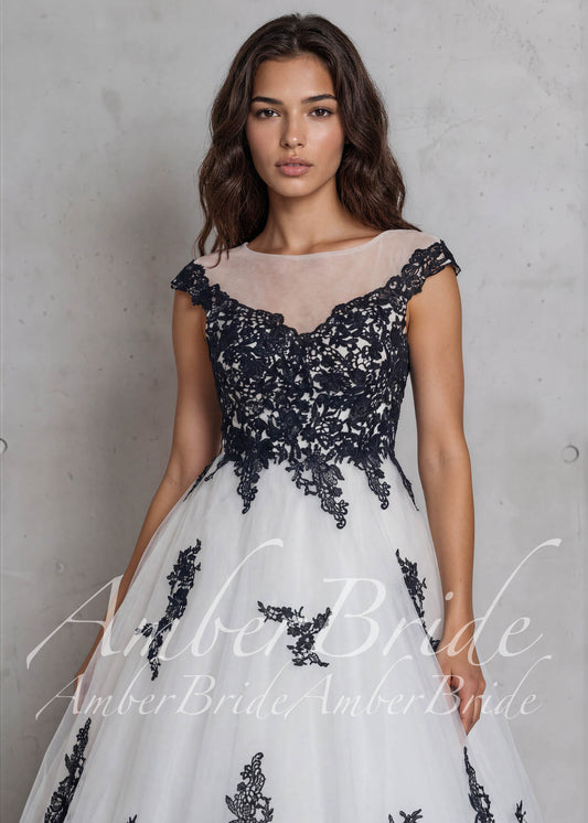Black Lace Wedding Dress, A-Line Tulle Gothic Bridal Gown with Cap Sleeves and Long Train