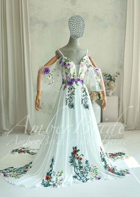 Fairy Off-White Chiffon A-Line Wedding Dress with Colorful Floral Embroidery and Off-Shoulder Straps