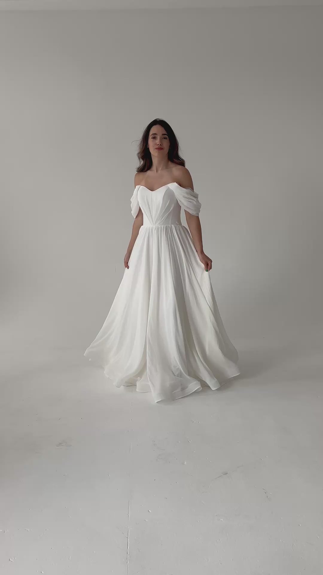 STOCK SELL-OUT: Simple Off Shoulder Chiffon Wedding Dress with Flowy A Line Silhouette