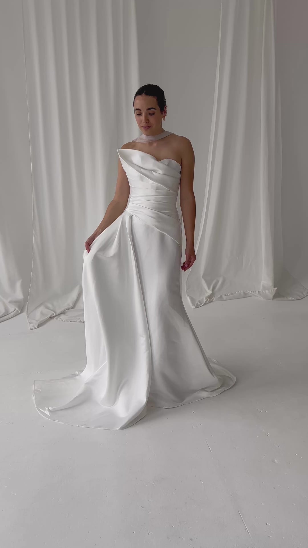 STOCK SELL-OUT: Draped Satin Strapless Wedding Dress with Sculptural Bodice and Corset Back