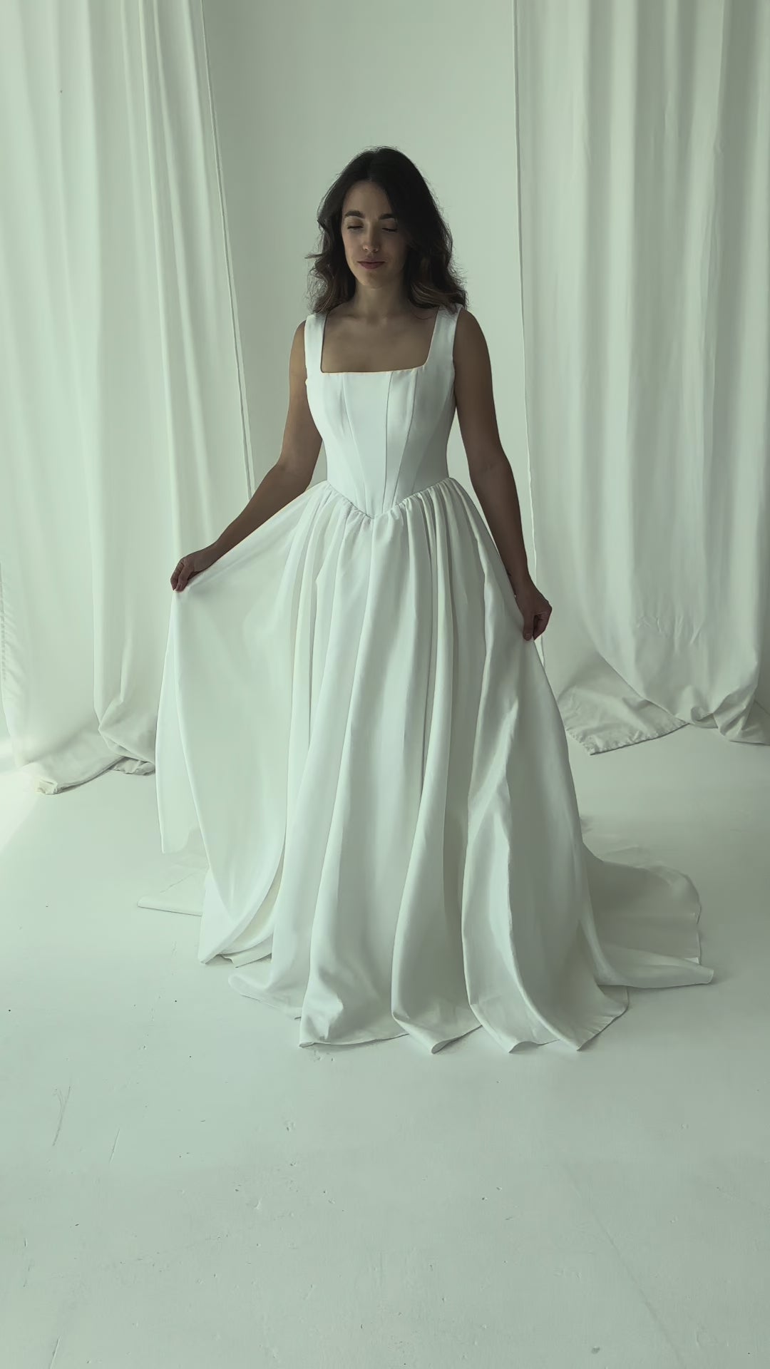 STOCK SELL-OUT: Square Neck Satin A-Line Wedding Dress with Basque Waistline and Corset Back
