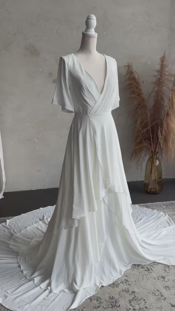 Medieval Style Layered Chiffon Wedding Dress with Flutter Sleeve