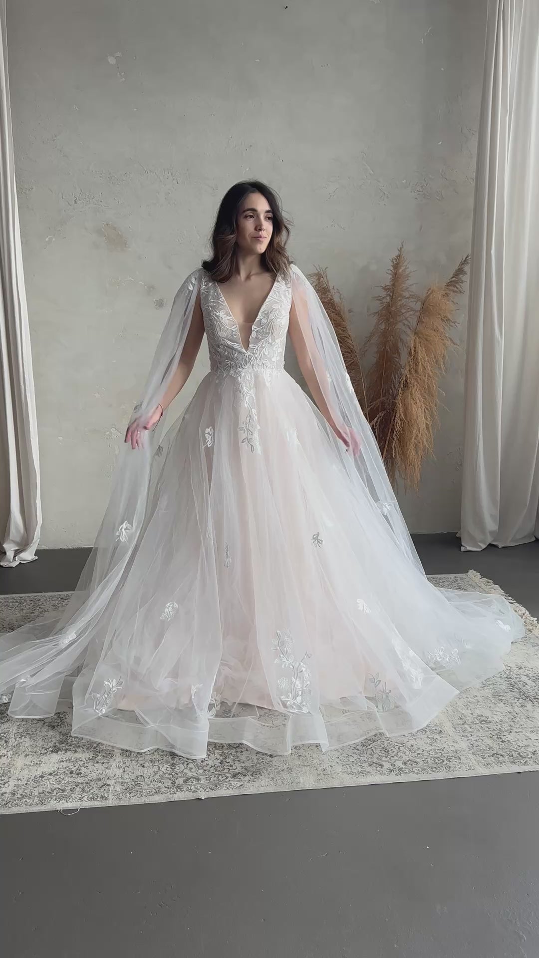 Romantic A Line Floral Design Wedding Dress with Long Cape