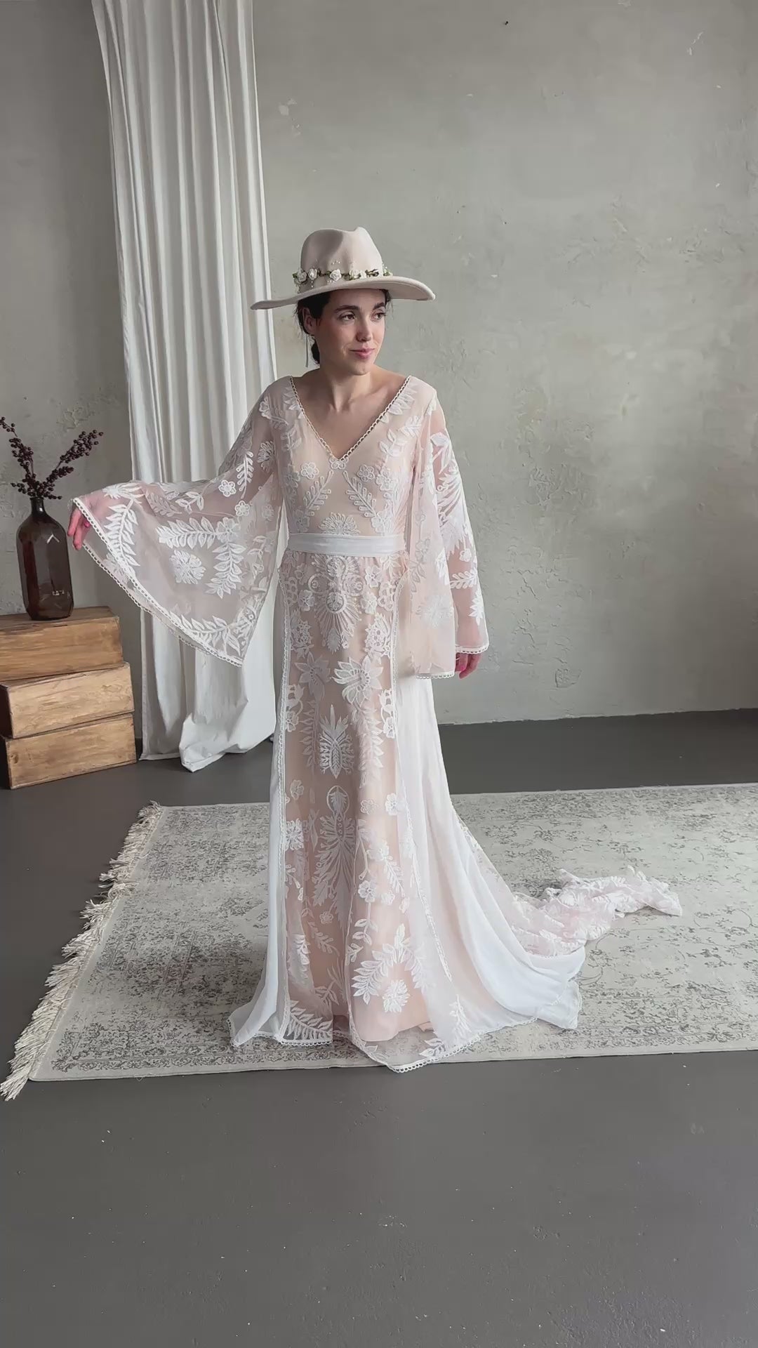 STOCK SELL-OUT: Boho Wedding Dress with Embroidered Flowers and Cape Sleeves