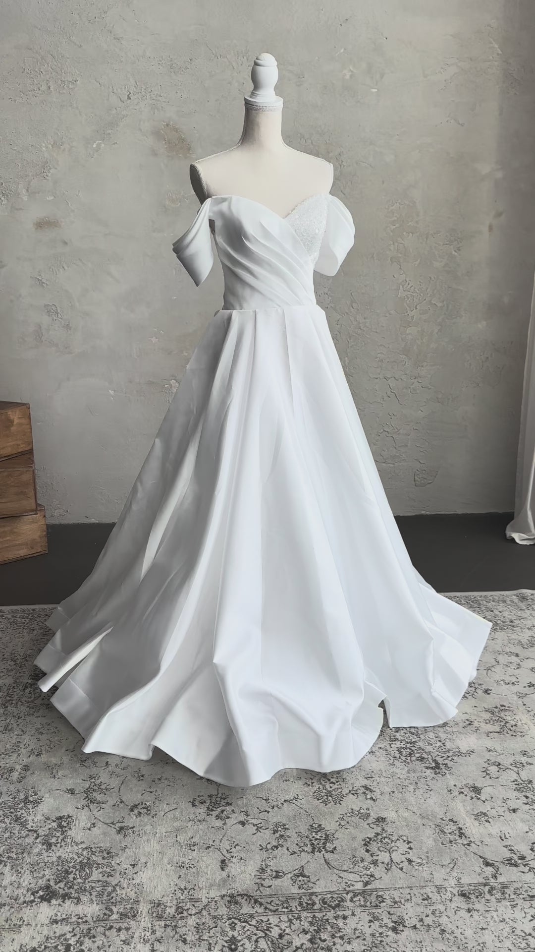 STOCK SELL-OUT: Satin Wedding Dress with Off-Shoulder Draping and Beaded Corset Bodice