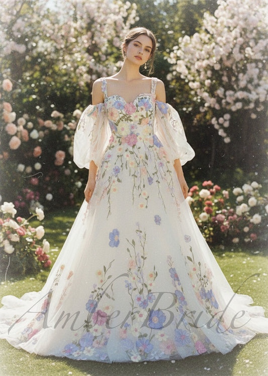 Colorful Floral Wedding Dress with Detachable Puffy Sleeves