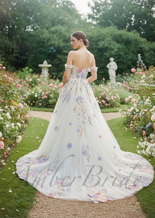 Colorful Floral Wedding Dress with Detachable Puffy Sleeves