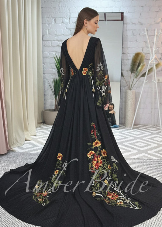 Bohemian Black A-Line Wedding Dress with Floral Embroidery and Flowing Bell Sleeves