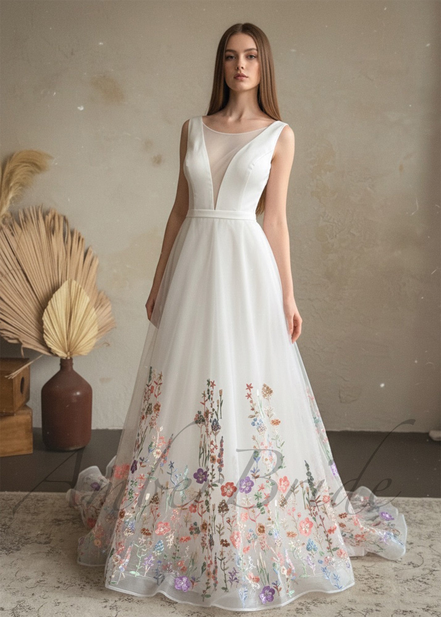 Romantic Satin Floral Wedding Dress with Organza Skirt - AmberBride Romantic Satin Floral Wedding Dress with Organza Skirt - AmberBride